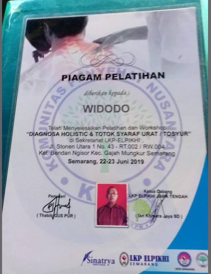 Sertifikat Pelatihan Diagnosa Holistic & Totok Syaraf Urat/Tosyur